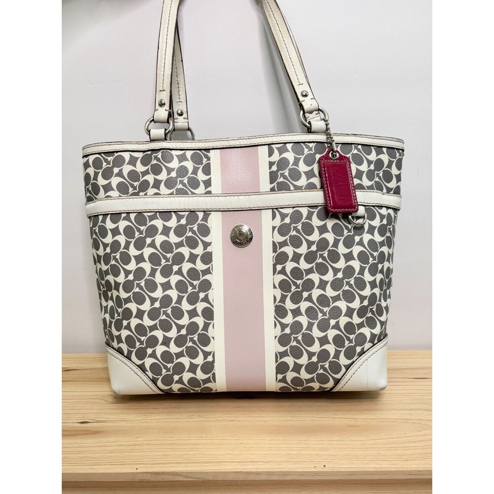 COACH HERITAGE STRIPE Bias Gray Pink White Signature PVC Chelsea Tote F15137